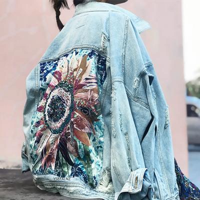 China Autumn Boho Spring Jacket Denim Women Female Jacket Sequin Floral Appliques Embroidery Coat Long Sleeve Waterproof Female Outerwear for sale