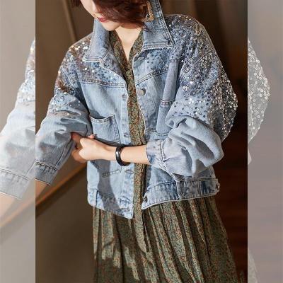 China Wholesale 2022 Breathable Loose Fashion Women's Blue Ripped Women's Sequins Denim Lattice Sequin Jacket for sale