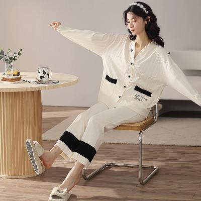 China Autumn QUICK DRY Women's Cotton Long Sleeve Pajamas Pants Suit Loose Korean Lapel XL Cardigan Home Service for sale