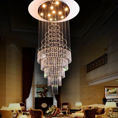 China Large modern luxury crystal high ceiling staircase in stainless steel k9 glass led raindrop pendant lighting chandelier for hotel for sale