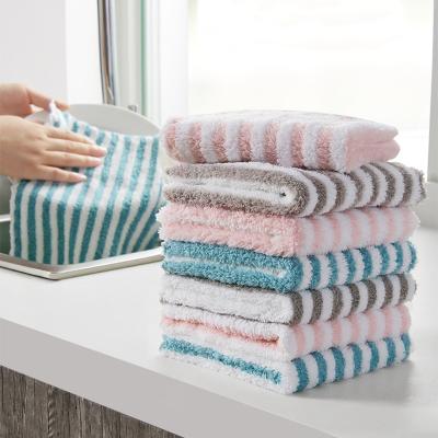 China Kitchen/Bathroom Stripe Dish Clean Towel Coral Fleece Highly Absorbent Wiping Tissues Kitchen Dish Pot Cups Cloth Cleaning Scouring Pad for sale