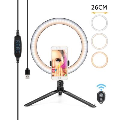 China Mini 26cm Fill 10inch Tripod Light Selfie Stick Makeup LED Cosmetic Desk Ring Light For Mobile Phone Live Streaming Remote Control for sale