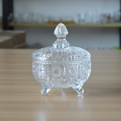 China / household glassware sunflower engraved glass sugar container with lid for sale