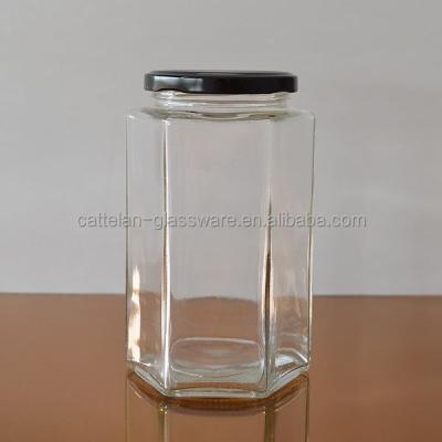 China Viable Hexagonal Glass Canister Glass Bottle For Honey/Jam With Metal Lid From Bengbu Cattelan Glassware for sale