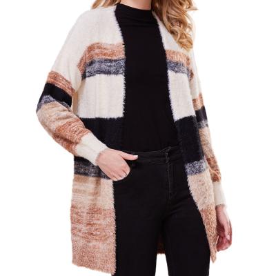 China Breathable Customized Winter Knitted Color Block Striped Cardigan Ladies Long Knit Sweater Women Cardigan for sale