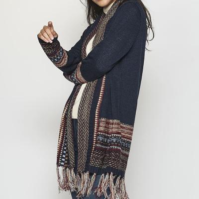 China Hot Selling Navy Blue Breathable Cardigan Long Sleeved Long Sweater Cardigan Warm Soft Women Cardigan With Tassels for sale