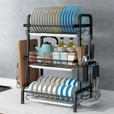 China Viable Over The Sink Stainless Steel 3 Tier Kitchen Dish Drying Rack Rack Dish Racks With Choopping Board Shelf for sale