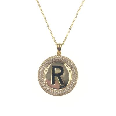 China copper & Echsio Round Brass Charm With Hollow Initial Letter R Necklace For Women White Gold Thin Chain Charm Paved By Cubic Zircon XL401 for sale