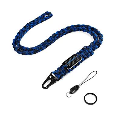 China Promotioanal Gifts/Give Away Outdoor Sports Woven Key Chain Metal Plate HK Logo Cut Handy Custom Multi-Color Nylon Paracord Lanyard Camera Holder for sale