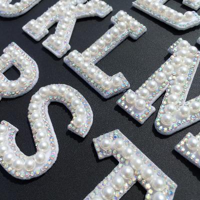 China Viable Diamond White Pearl Rhinestone Words Appliques Apparel Sewing Custom Made Iron On Chenille Patches High Quality Wholesale for sale