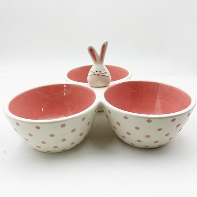 China Classic Pink Cute Ceramic Material Tri Part Serving Bowl Silly Bunny With Rabit Handle for sale