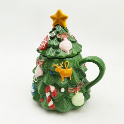 China Green Christmas Tree Cup Cute Ceramic Christmas Mug With Lid For Gifts Home Decoration for sale