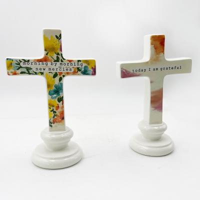 China Solid Ceramic Material Crafts Standing Sculpture For Table Altar Ornament Cross With Words for sale