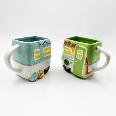 China Christmas Style 3D Cartoon Bus Shape Cup Cute Gift Ceramic Coffee Mug for sale