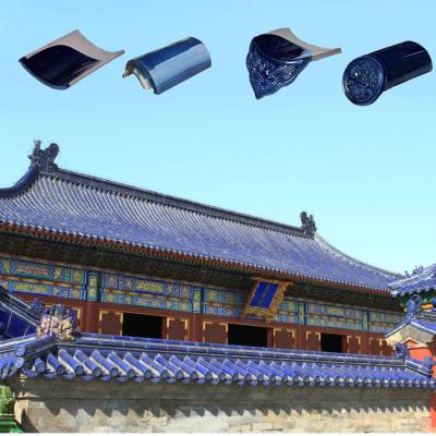 China Roofing Tile Ceramic Material Blue Glazed Temple Roof Tile Customized Color Flower Pattern for sale