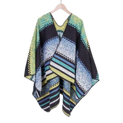 China Simple Knitted Elegant Western Bohemian Mexican Ponchos Women's Acrylic Shawl Sweater Tassel Bat Sleeve Sweater Stripes Acrylic Ponchos for sale