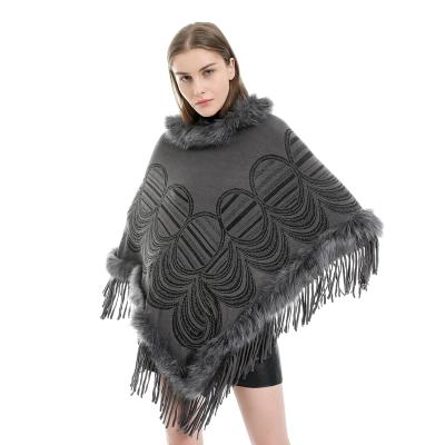 China 2020 winter new arrivals winter women faux fur shalws high quality jacquard fringed cape shawl for sale