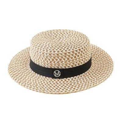 China 2021 Summer Retro Flat Top Women Straw Hat Fresh Top Hat Travel Vacation Sun Protection Beach Hat British Image for sale