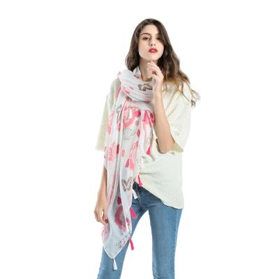 China 2020 Polyester Elegant Ladies Hijab Shawl Women Lightweight Butterfly Printed Tassel Cotton Canvas Scarf for sale