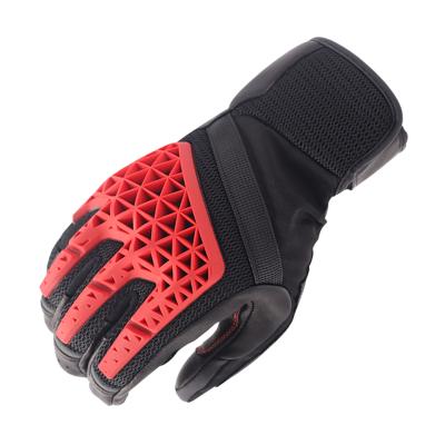 China Full Black Mesh Riding Textile Red Finger Motorcycle Adventure Traveling Gloves Genuine Leather Ventilated Motorcycle Racing Gloves for sale