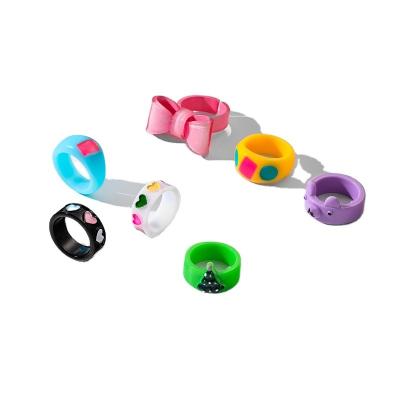 China Geometric Thick Beaded Colorful Party Ring Set Cute Cartoon Resin Fashion Design Durable Jewelry for sale