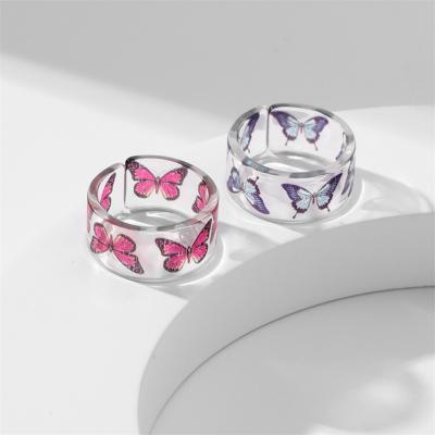 China Durable Wholesale Ladies Jewelry Acrylic Color Cartoon Open Butterfly Beaded Ring Set for sale