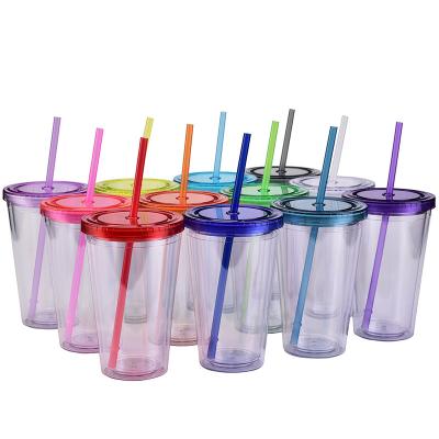 China BPA Free Reusable 16oz Transparent Travel Sustainable Double Wall Insulate Clear Plastic Tumblers With Lid And Straw Water Tumblers for sale