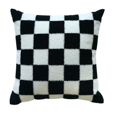 China Black And White Folded Cushion Cover Embroidery Home Decor Checkerboard Pillow Cover Custom Cushion Cover for sale