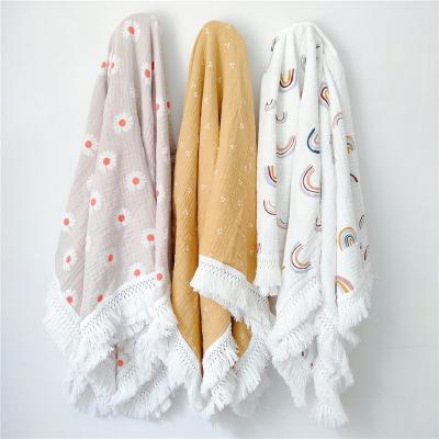 China Baby Cotton Muslin Anti-static Soft Crepe Printed Throw Blanket Wrap Fringe Blankets For Baby Newborn Tassel for sale