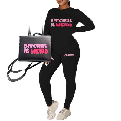 China Fashion women two piece Bitches is Weird Purses set long Sleeve  bodycon trousers 2pc outfits handbag tote bags set for sale