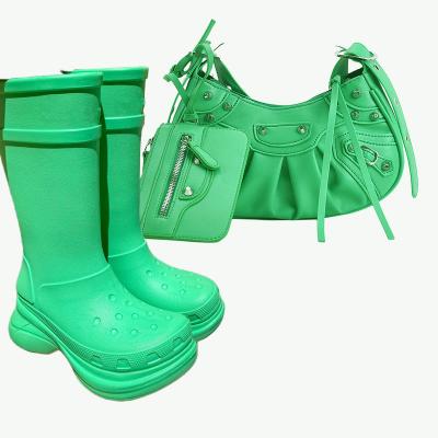 China Other women Luxury Rubber Booties Heels Knee High Boot designer PU Leather Crossbody purse handbag Bag Matching purse and boots set for sale