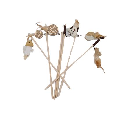 China Viable Cat Toy Teasing Artifact Mouse Wooden Bell Cat Pet Supplies Feather Teasing Stick Teasing Stick Set for sale