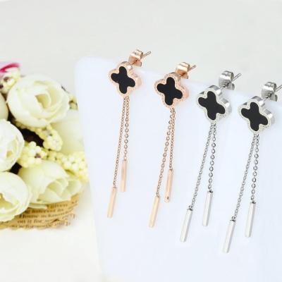 China Sjzmm FASHIONABLE Titanium Steel Lucky Grass Earring Stud With Fringe Earring Single Dangling Line Long Earrings for sale