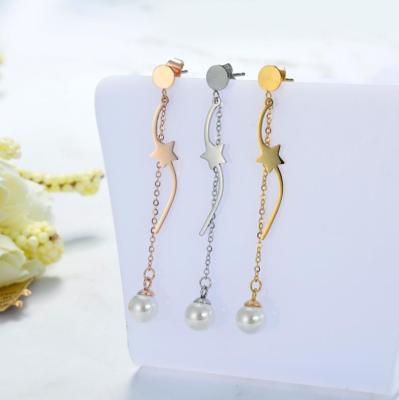 China FASHIONABLE Titanium Steel Five-pointed Star Earrings Sjzmm Fringe Earrings Long Stainless Steel Pearl Earrings for sale