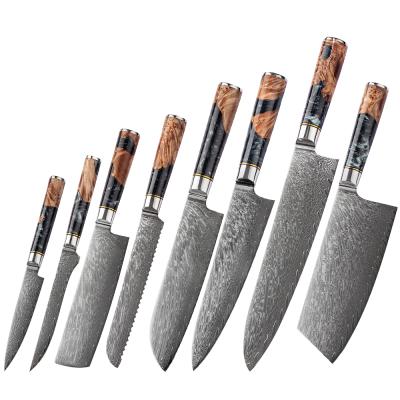 China Viable Dropshipping Resin Knife VG10 67 Handle Seats Japanese Kitchen Damascus Steel Knives Set With Gift Box for sale