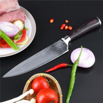 China Durable 7 cr17 Stainless Steel Lasing Damascus Style Professional Chef Knife With Wood Handle for sale