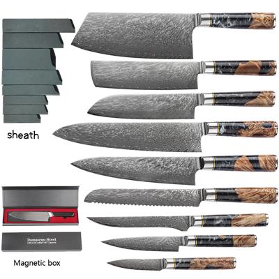 China Viable Asian Knives 9 Pcs Damascus Steel Japanese Cutlery Kitchen Chef Knives Set With Resin Handle for sale