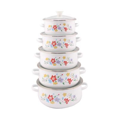 China Viable Hot Sale 5 Pcs Pot Cookware Set Flower Pattern Lid Flower Enamel Glass Casserole Hot Set for sale