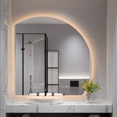 China JS-L5421 Contemporary Led Modern Home Decor Smart Frameless Touch Screen Round Round Half Cut Bathroom Mirror Luxury Factory Direct for sale