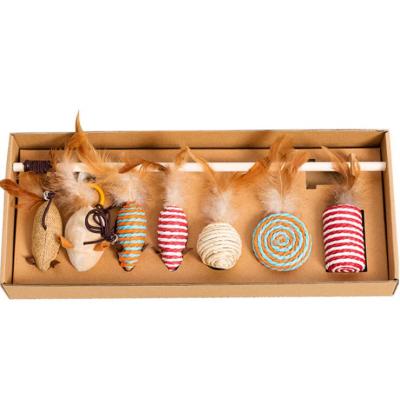 China Viable Feather Cat Stick Funny Pet 7 Pcs Set Sisal Mouse Cat Toy Wooden Cat Wand Grinding Claws for sale