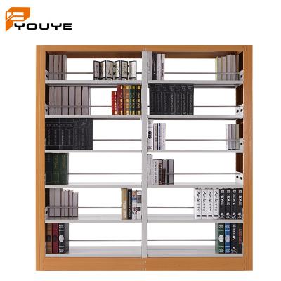 China Modern Library Furniture Steel Book Shelves Double Sided Reading Room Bookstore Metal Bookcase Shelving for sale