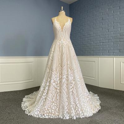 China Breathable Spaghetti Tie Backless Simple Champagne Lace A Line Bridal Wedding Dress for sale