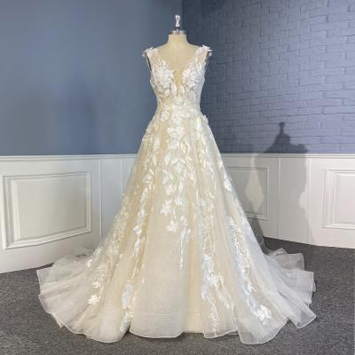 China Breathable Champagne 3D Flower Lace Shiny Women Sequin Tulle Beads Beading Wedding Dress for sale