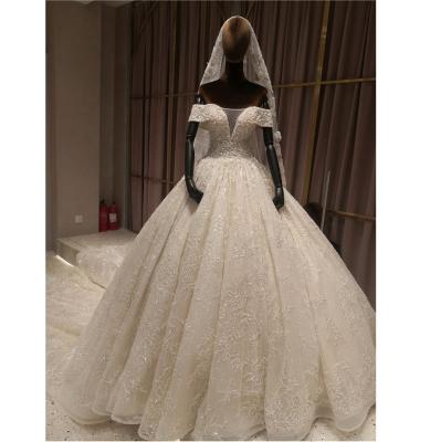 China Breathable Women Off Shoulder Shiny Lace Wedding Dress Luxury Beading Puffy Ball Gown for sale