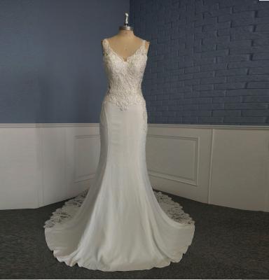 China Breathable Mermaid Crepe Lace Appliques Beading Long Trail Backless Wedding Dress for sale