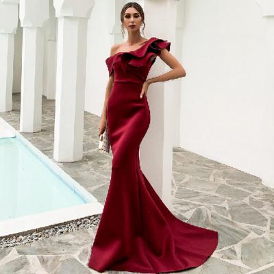 China Breathable Glamor Ruffles Mermaid Dress One Shoulder Satin Lady Evening Dress for sale