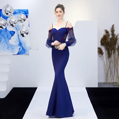 China New Arrival Breathable Spaghetti Straps Appliques Sleeves Appliques Summer Party Women Navy Blue Mermaid Long Evening Dress for sale