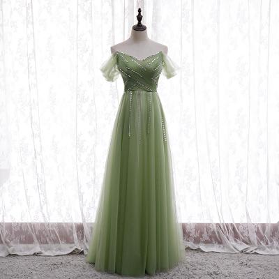 China Anti-Static Green Boat Neck Pleating Beaded Tulle Bridesmaid Dresses Lady Party Dress Sequins Long for sale