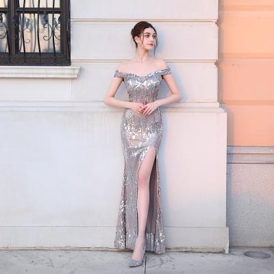 China Hot Selling Anti-wrinkle 2020 Sheath Sequins Open Boat Sequins Mermaid Lady's Sexy Prom Dress in Hot Fork Worsted for sale