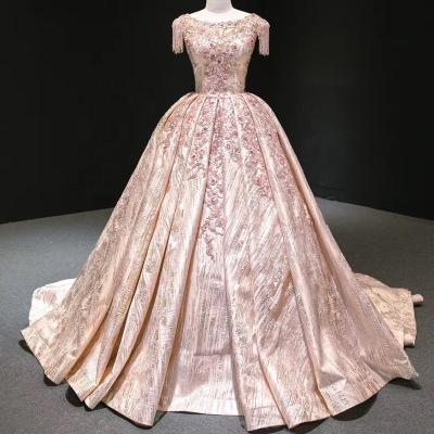 China Anti-wrinkle Women Flowers Lace Appliques Tassels Beaded Pink Puffy Prom Ball Gown for sale